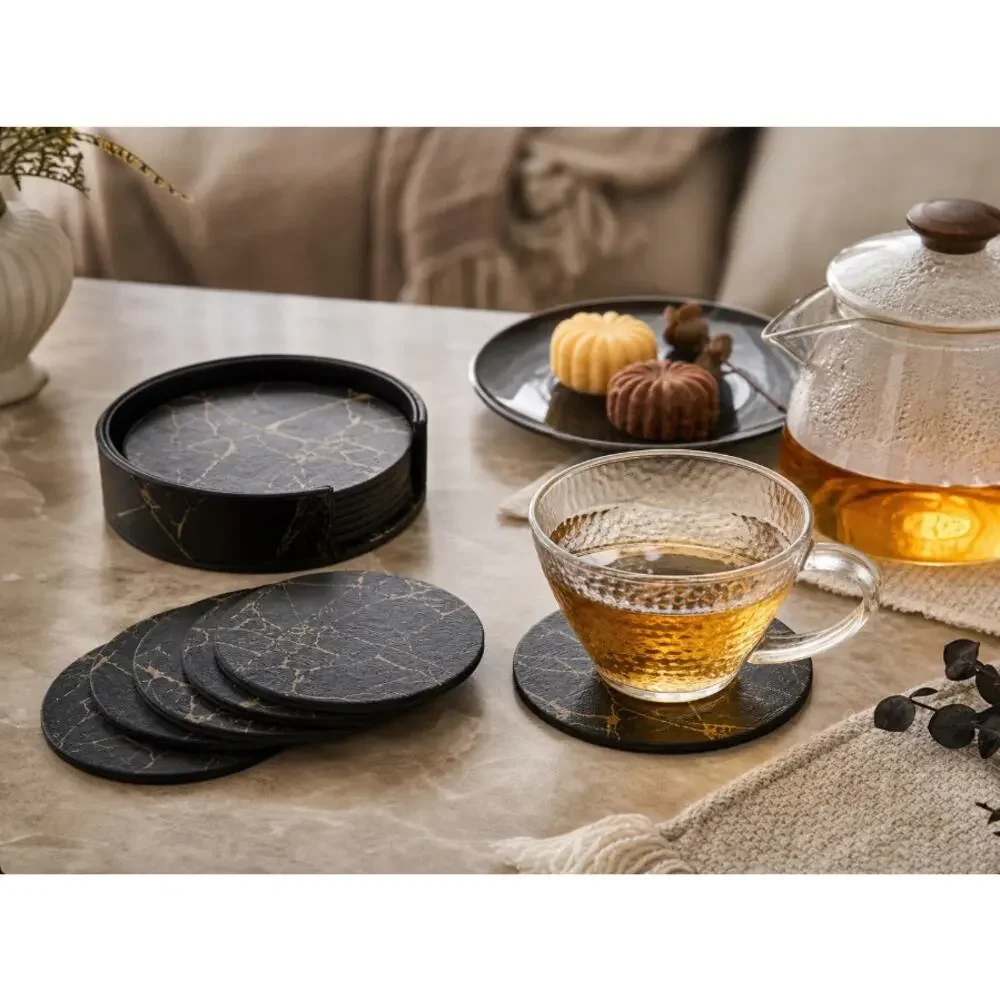 Black Gold Marble Double Sided PU Leather Coasters with Matching Storage Holder